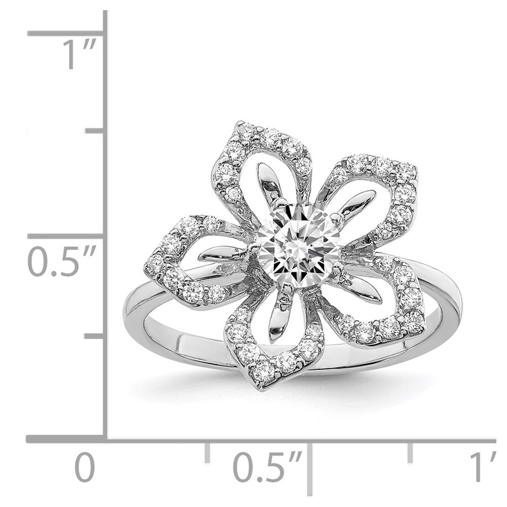 Sterling Silver Rhodium Plated Cz Flower Ring