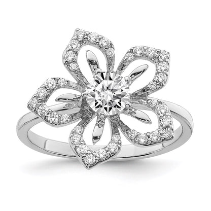 Sterling Silver Rhodium Plated Cz Flower Ring