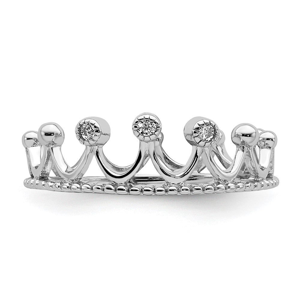 Sterling Silver Rhodium Plated Cz Crown Ring