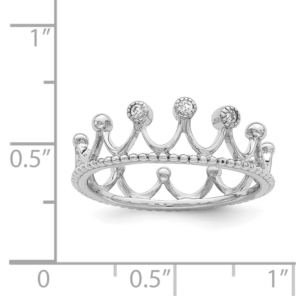 Sterling Silver Rhodium Plated Cz Crown Ring