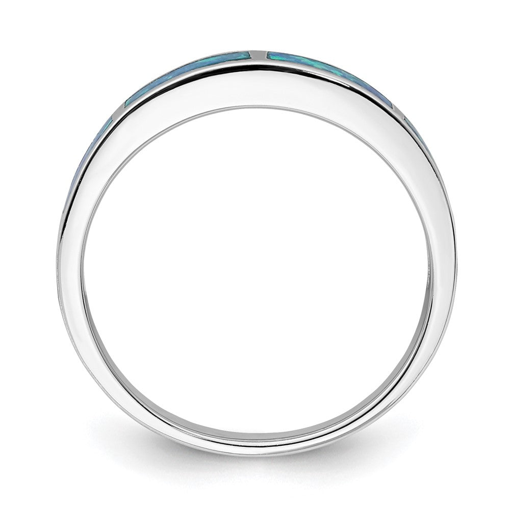 Sterling Silver Rhodium Plated Lab Created Blue Opal Inlay Band