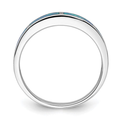 Sterling Silver Rhodium Plated Lab Created Blue Opal Inlay Band