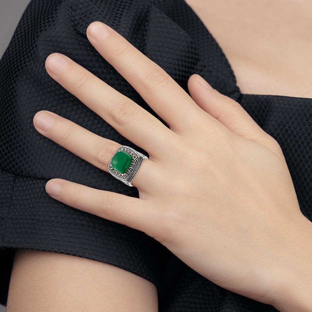 14K/Silver Two Tone Sterling Silver 14K Green Onyx Ring
