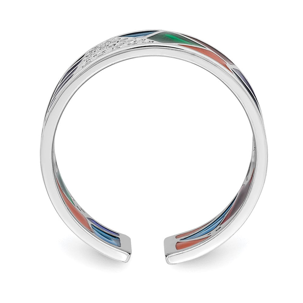 Sterling Silver Rhodium Plated Abstract Multi Color Enamel & Cz Cuff Ring