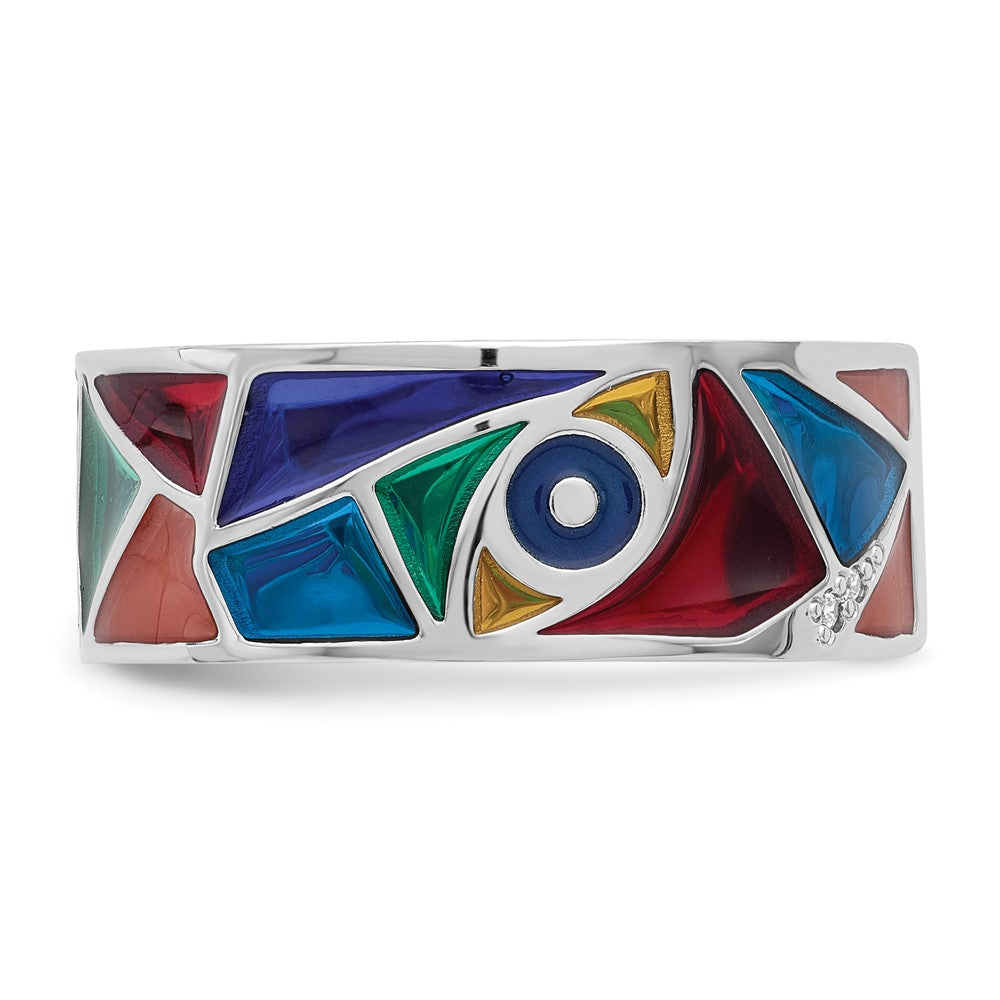 Sterling Silver Rhodium Plated Abstract Multi Color Enamel & Cz Cuff Ring