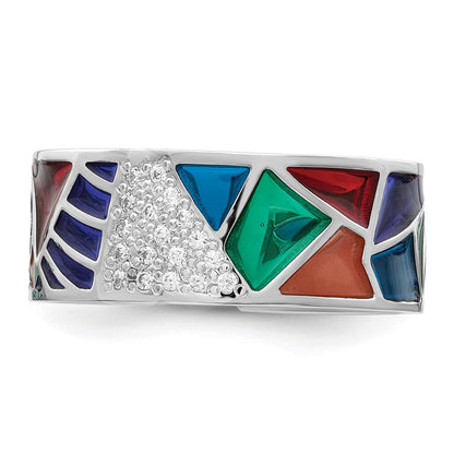 Sterling Silver Rhodium Plated Abstract Multi Color Enamel & Cz Cuff Ring