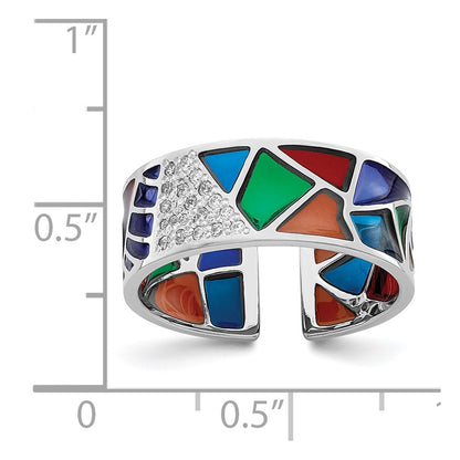 Sterling Silver Rhodium Plated Abstract Multi Color Enamel & Cz Cuff Ring