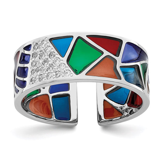 Sterling Silver Rhodium Plated Abstract Multi Color Enamel & Cz Cuff Ring