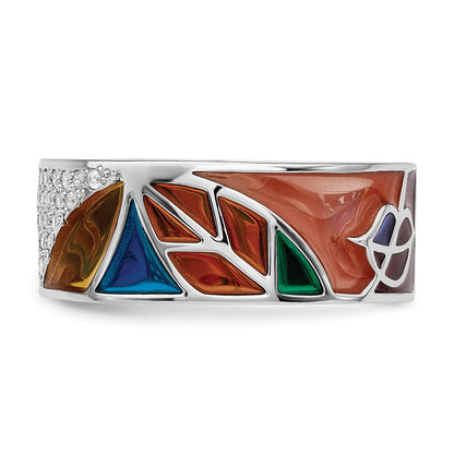 Sterling Silver Rhodium Plated Abstract Multi Color Enamel & Cz Cuff Ring