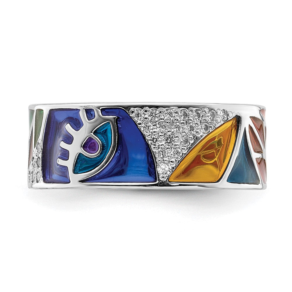 Sterling Silver Rhodium Plated Abstract Multi Color Enamel & Cz Cuff Ring