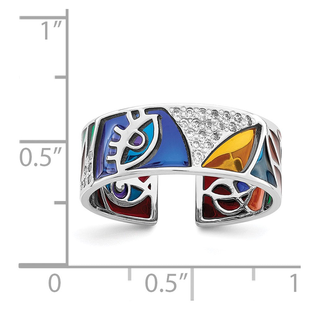 Sterling Silver Rhodium Plated Abstract Multi Color Enamel & Cz Cuff Ring