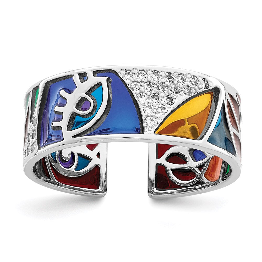Sterling Silver Rhodium Plated Abstract Multi Color Enamel & Cz Cuff Ring