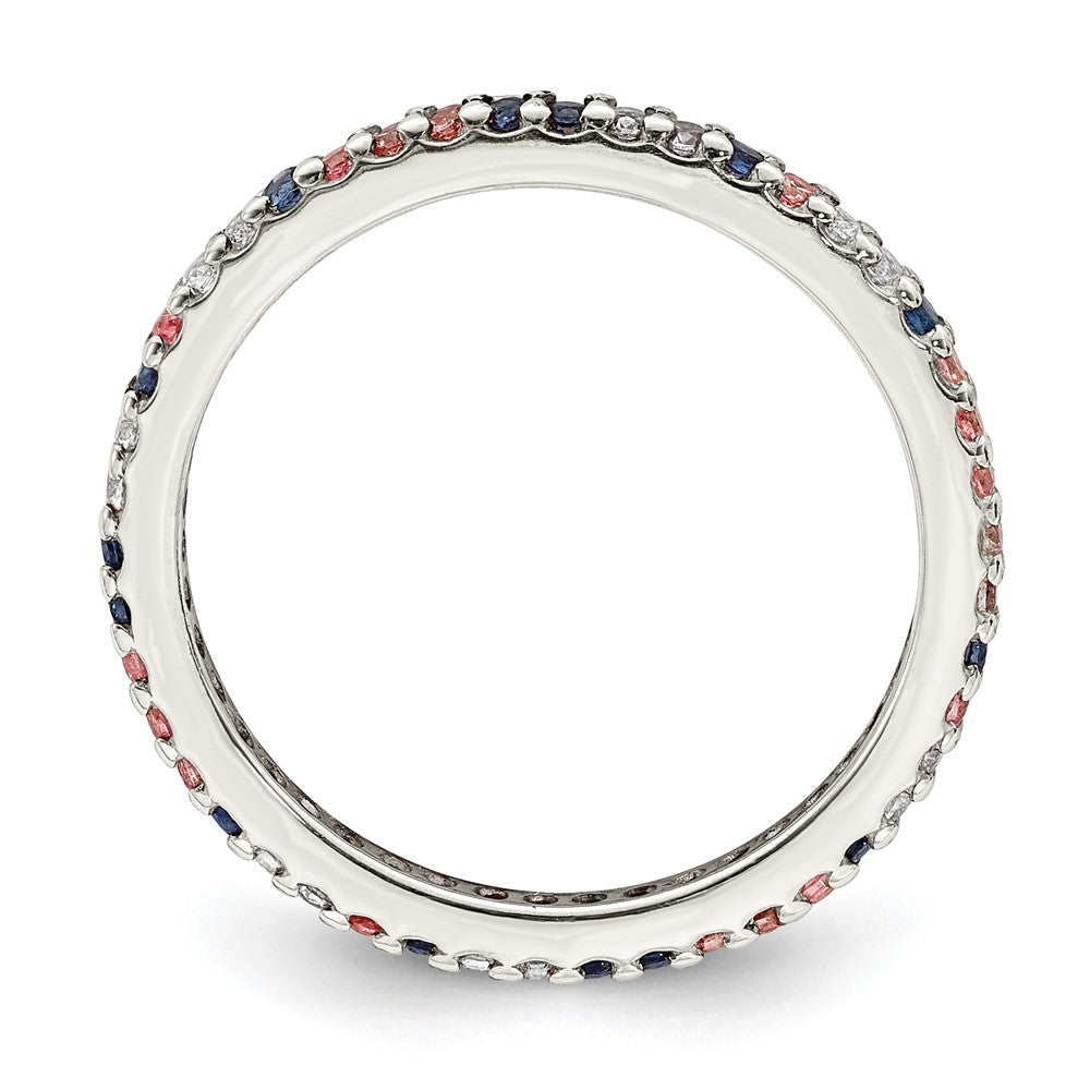 Sterling Silver Rhodium Plated With Blue, Pink & Clear Cz Ring