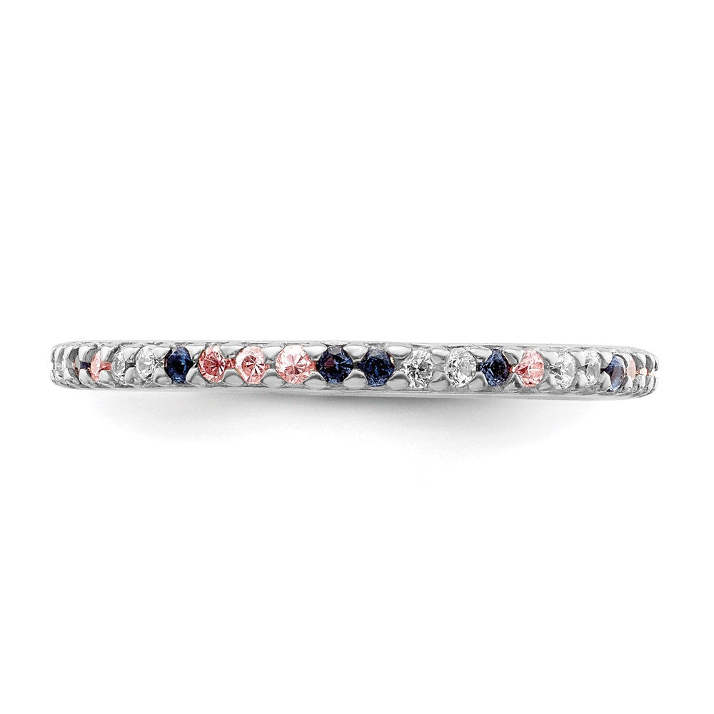 Sterling Silver Rhodium Plated With Blue, Pink & Clear Cz Ring