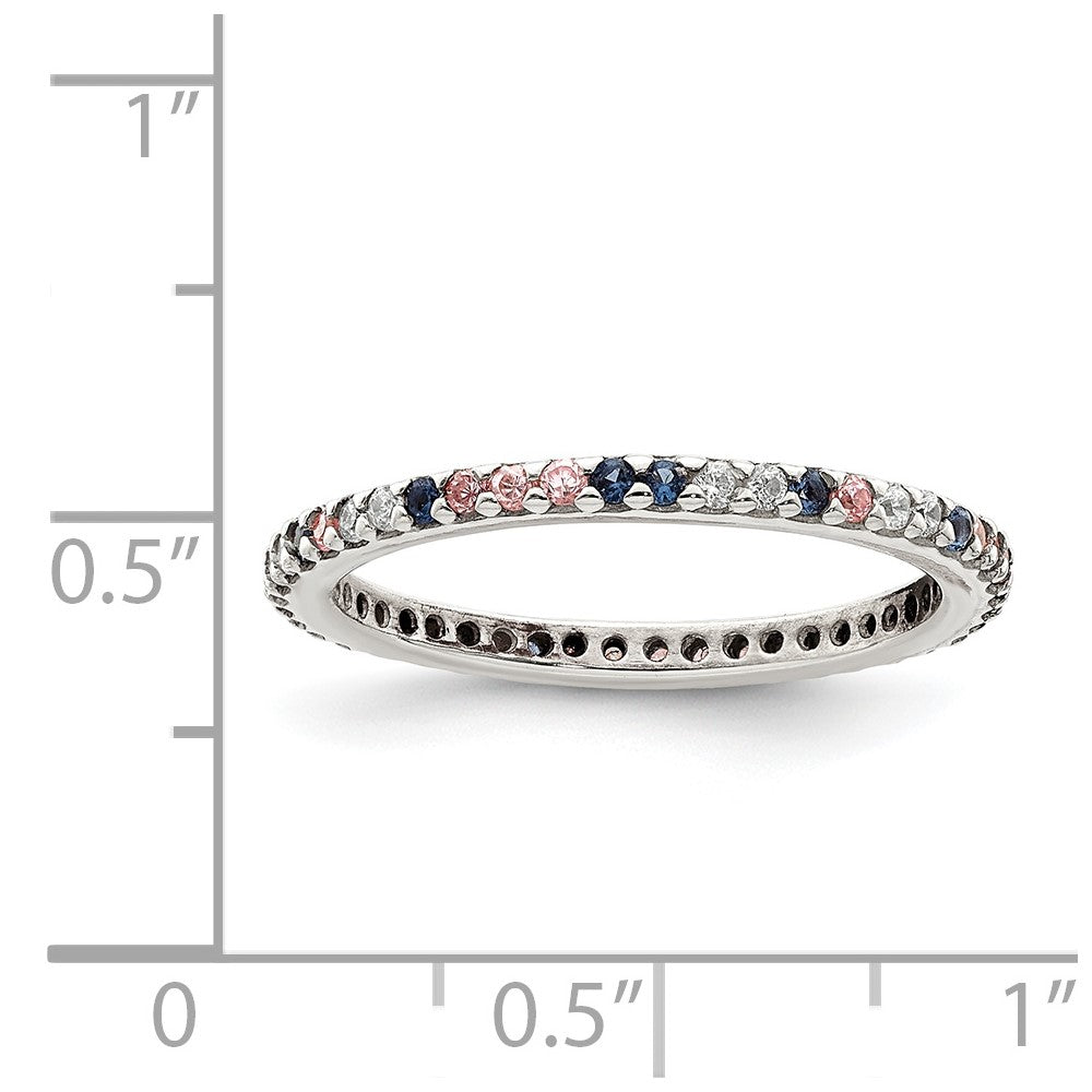 Sterling Silver Rhodium Plated With Blue, Pink & Clear Cz Ring