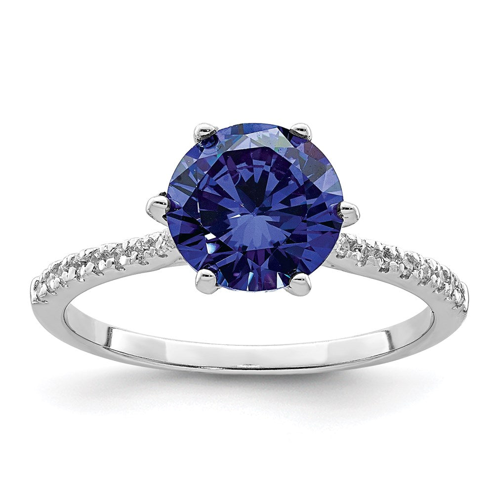 Sterling Silver Rhodium Plated Blue And White Cz Ring