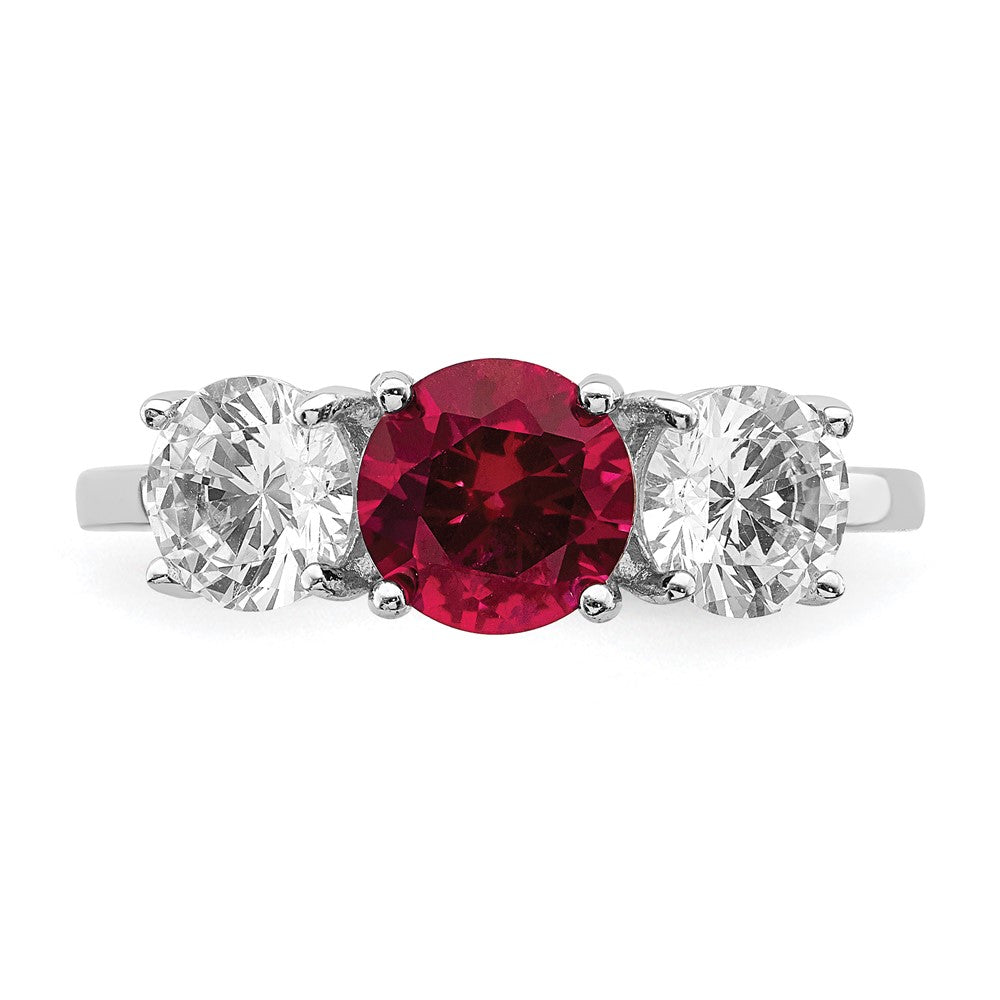 Sterling Silver Rhodium Plated Created Corundum & Cz 3 Stone Ring