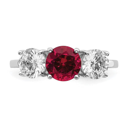Sterling Silver Rhodium Plated Created Corundum & Cz 3 Stone Ring