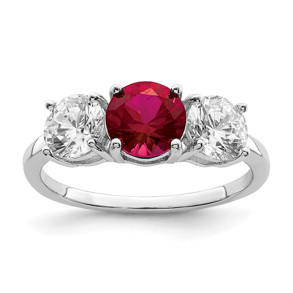 Sterling Silver Rhodium Plated Created Corundum & Cz 3 Stone Ring