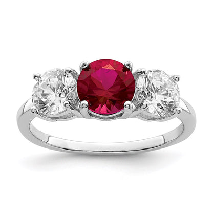 Sterling Silver Rhodium Plated Created Corundum & Cz 3 Stone Ring