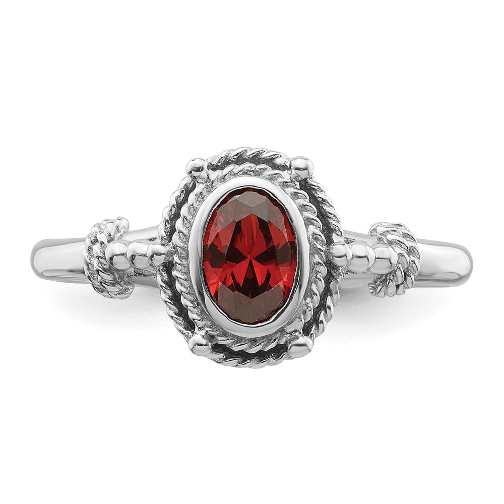 Sterling Silver Rhodium Plated With Red Oval Cz Stone Ring (Size 6 Only)