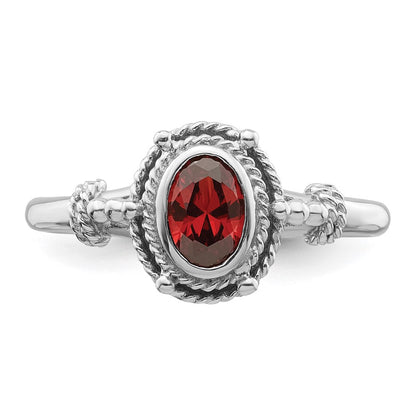 Sterling Silver Rhodium Plated With Red Oval Cz Stone Ring (Size 6 Only)