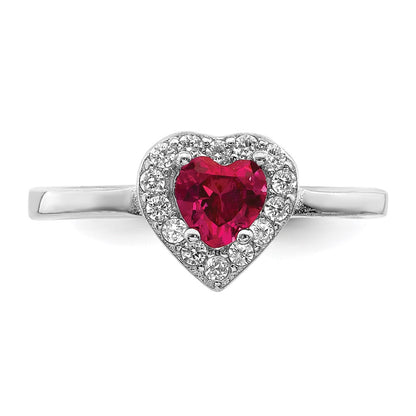 Sterling Silver Rhodium Plated Created Corundum & Cz Heart Ring