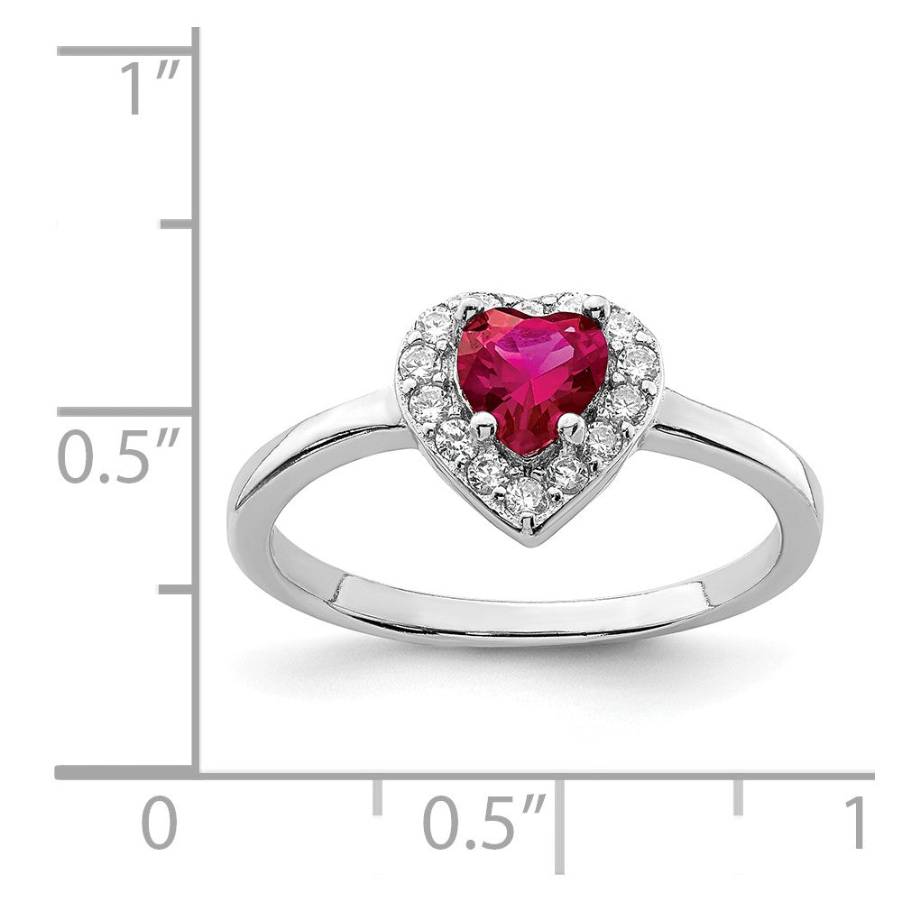 Sterling Silver Rhodium Plated Created Corundum & Cz Heart Ring