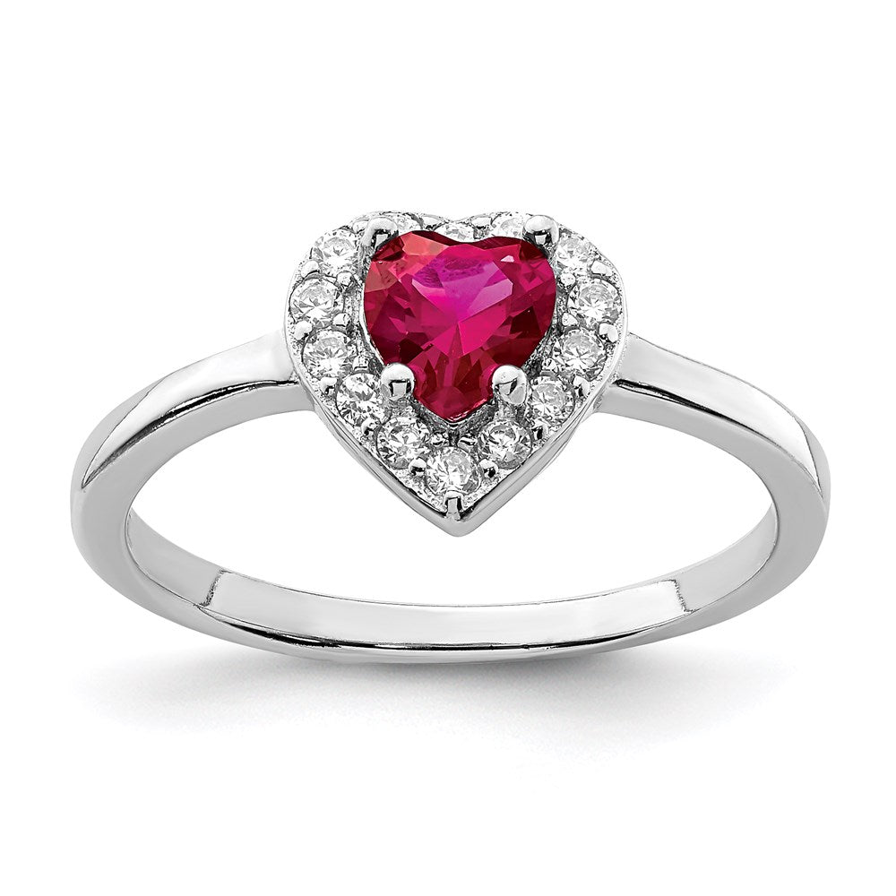 Sterling Silver Rhodium Plated Created Corundum & Cz Heart Ring