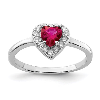 Sterling Silver Rhodium Plated Created Corundum & Cz Heart Ring