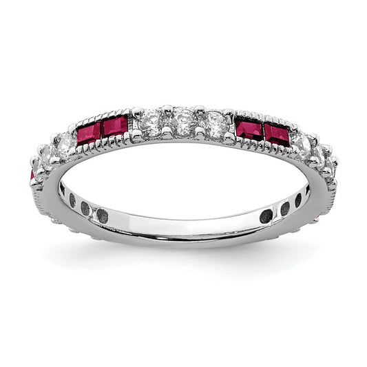 Sterling Silver Rhodium Plated Created Ruby And Round Cz Band
