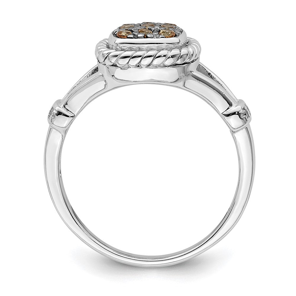Sterling Silver Rhodium Plated Champagne & Clear Cz Ring