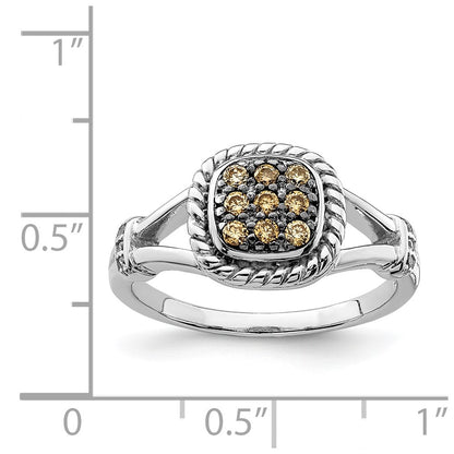 Sterling Silver Rhodium Plated Champagne & Clear Cz Ring