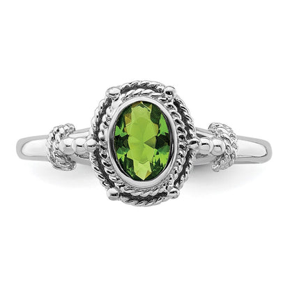 Sterling Silver Rhodium Plated With Green Oval Cz Stone Ring