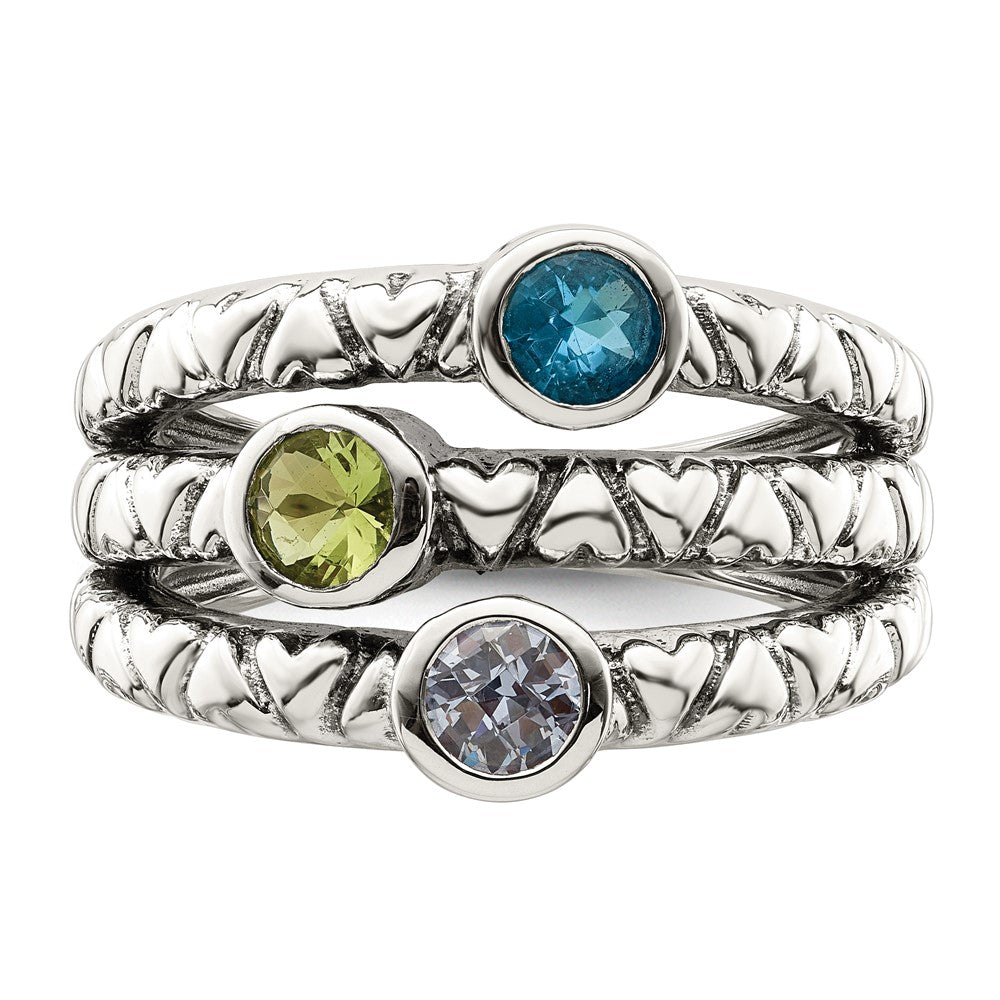 Sterling Silver Blue, Green & Purple Cz Oxidized Ring