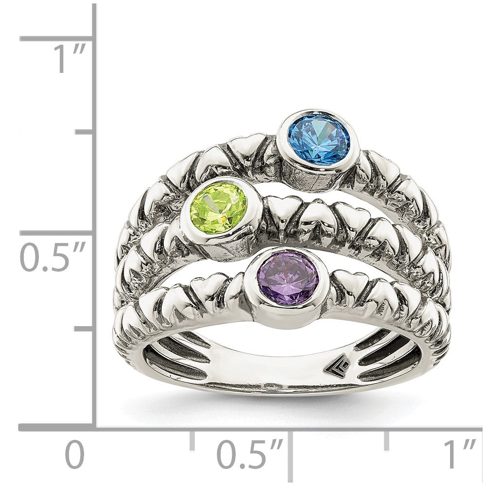 Sterling Silver Blue, Green & Purple Cz Oxidized Ring