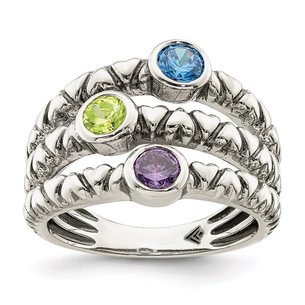 Sterling Silver Blue, Green & Purple Cz Oxidized Ring