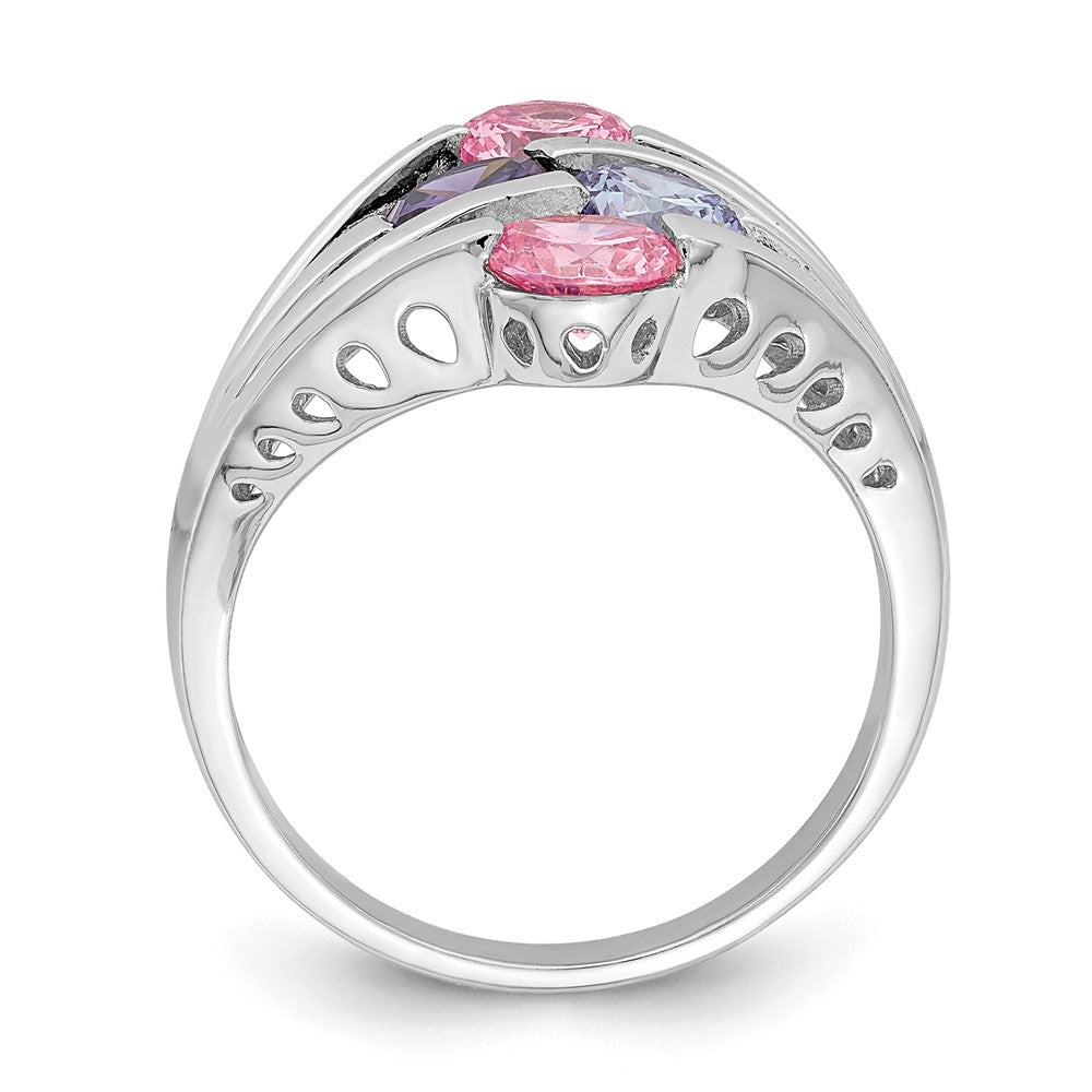 Sterling Silver Rhodium Plated Pink & Purple Cz 4 Bar Ring