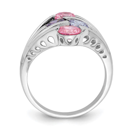 Sterling Silver Rhodium Plated Pink & Purple Cz 4 Bar Ring