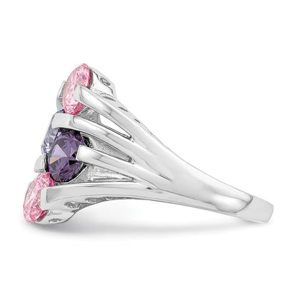 Sterling Silver Rhodium Plated Pink & Purple Cz 4 Bar Ring