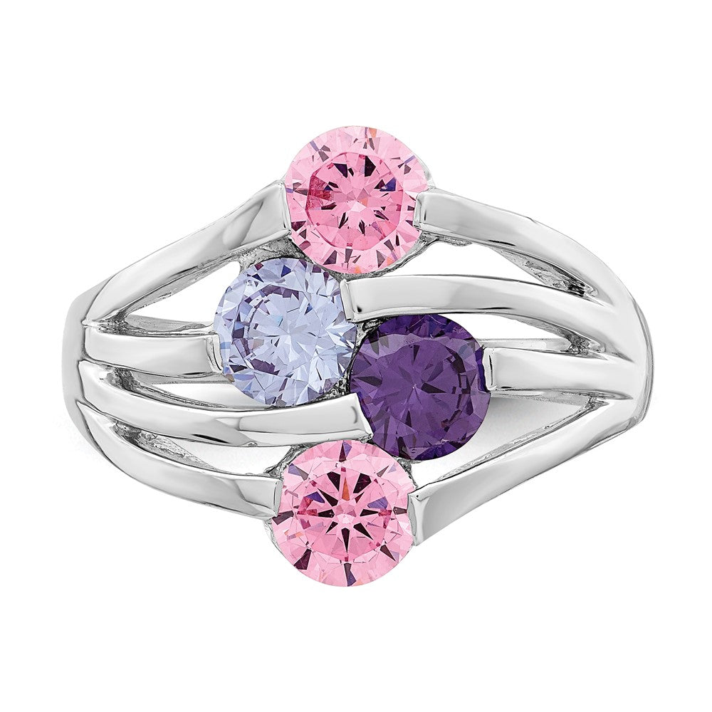 Sterling Silver Rhodium Plated Pink & Purple Cz 4 Bar Ring