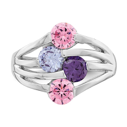 Sterling Silver Rhodium Plated Pink & Purple Cz 4 Bar Ring