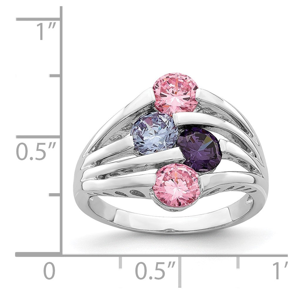 Sterling Silver Rhodium Plated Pink & Purple Cz 4 Bar Ring