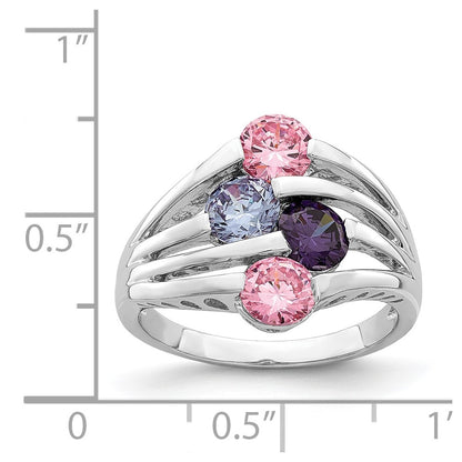 Sterling Silver Rhodium Plated Pink & Purple Cz 4 Bar Ring