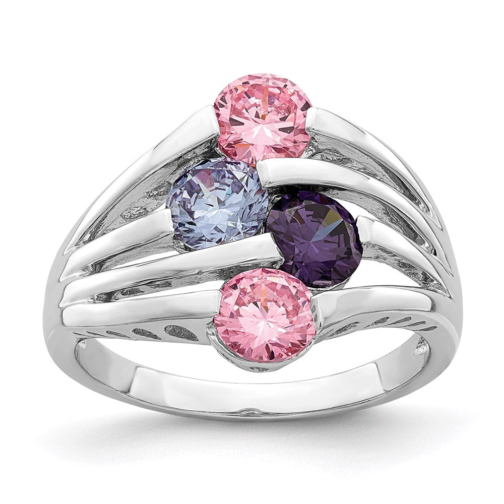 Sterling Silver Rhodium Plated Pink & Purple Cz 4 Bar Ring