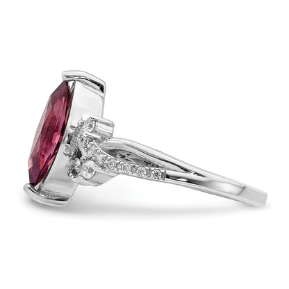 Sterling Silver Rhodium Plated Red Glass Marquise Stone & Cz Ring