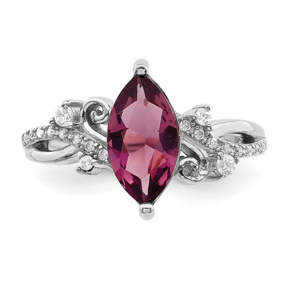 Sterling Silver Rhodium Plated Red Glass Marquise Stone & Cz Ring