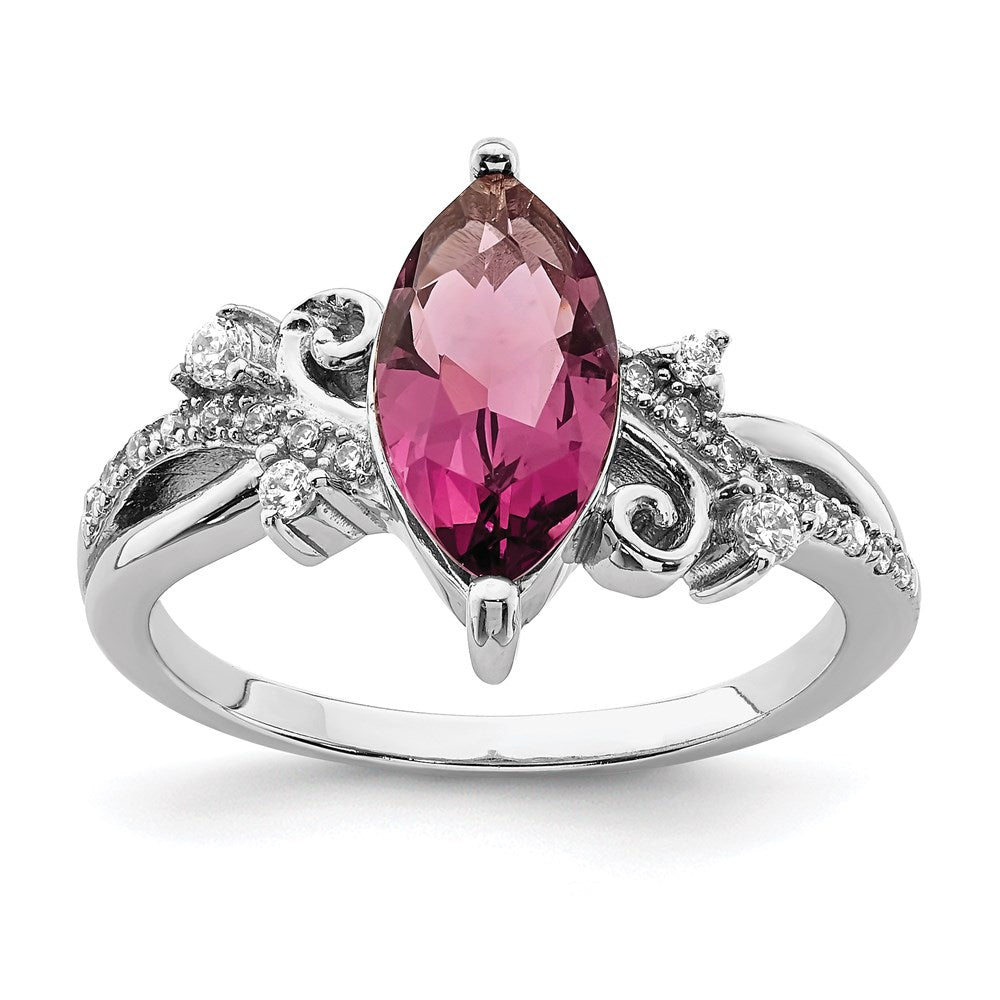 Sterling Silver Rhodium Plated Red Glass Marquise Stone & Cz Ring