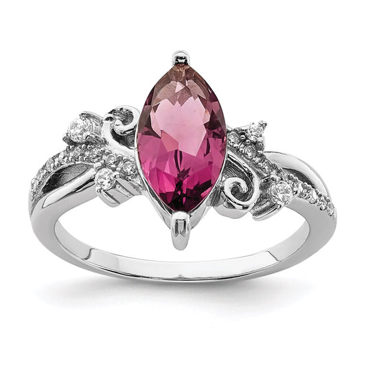 Sterling Silver Rhodium Plated Red Glass Marquise Stone & Cz Ring
