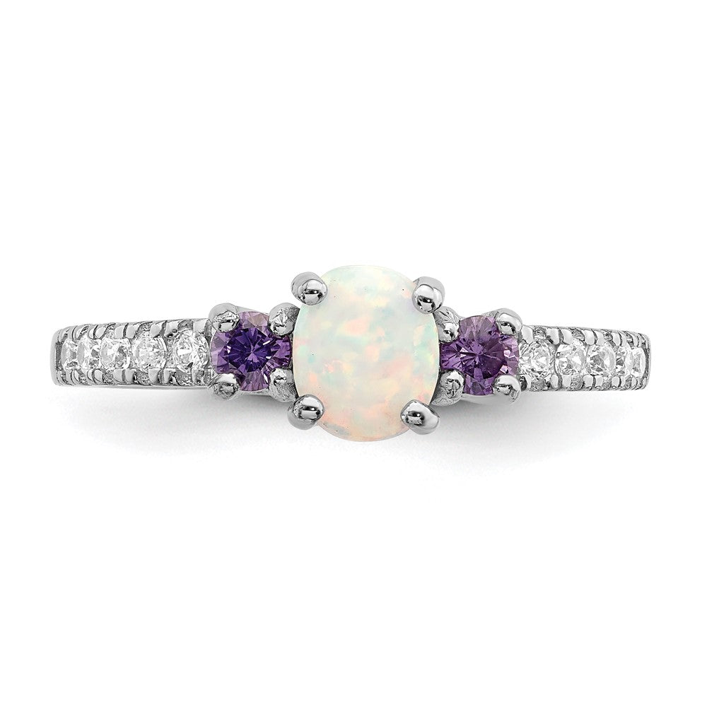 Sterling Silver Rhodium Plated Lab Created Opal/Cz Ring